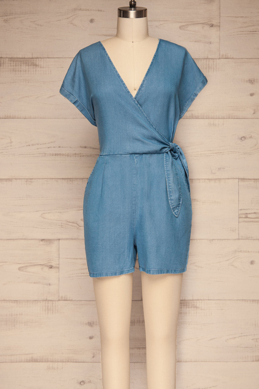 Trujjka Blue Short Sleeve Wrap Romper | La petite garçonne front view