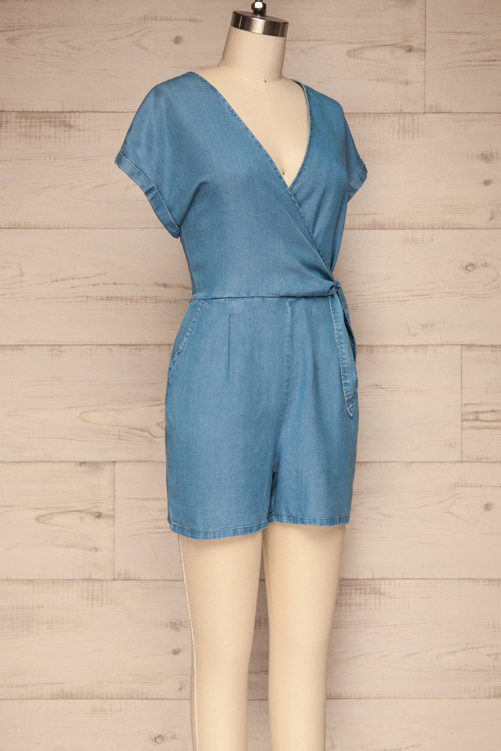 Trujjka Blue Short Sleeve Wrap Romper | La petite garçonne side view