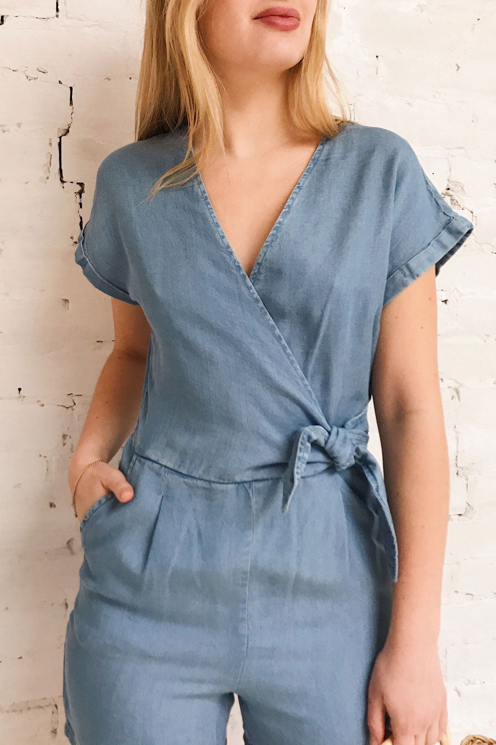 Trujjka Blue Short Sleeve Wrap Romper | La petite garçonne on model