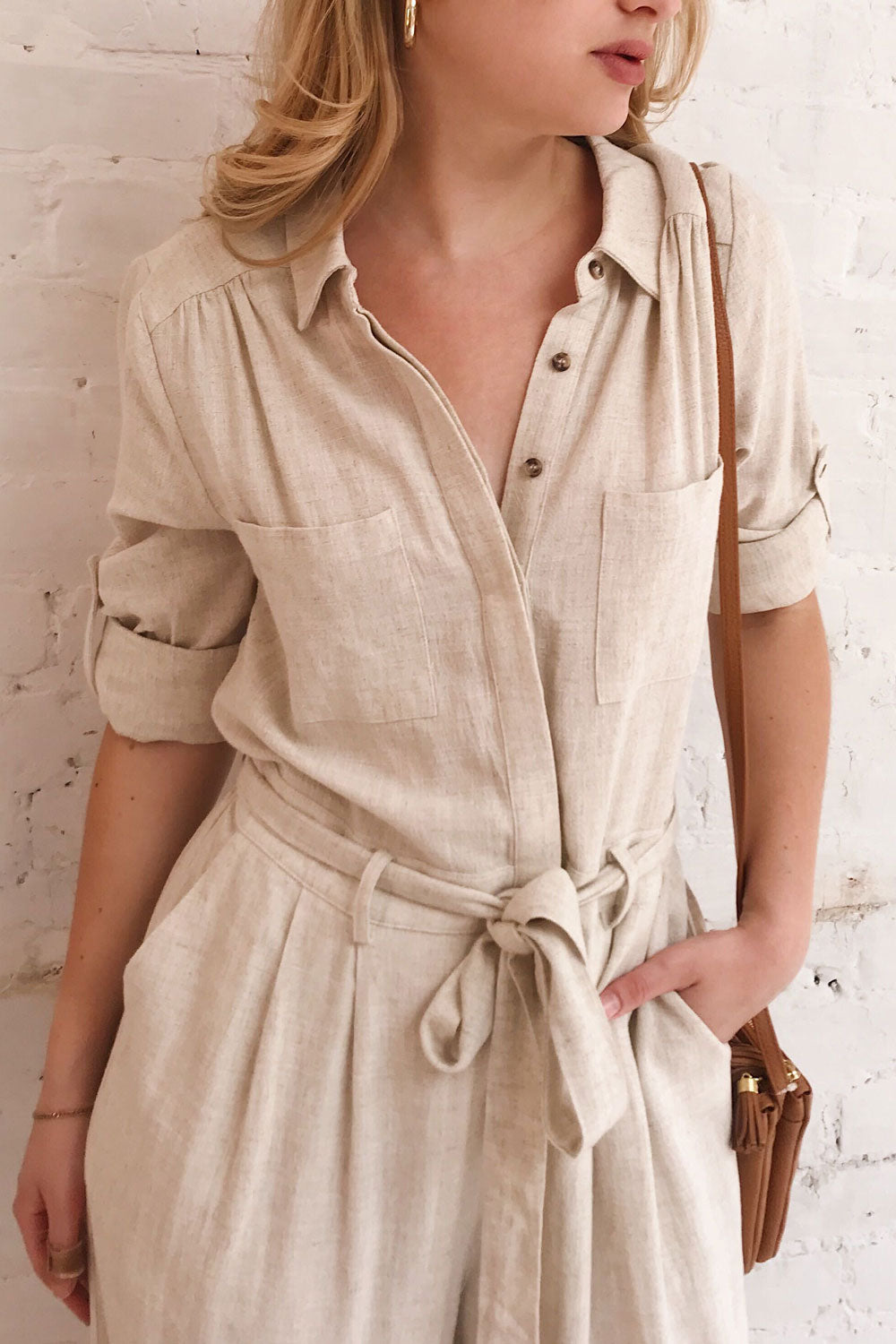 Tulcan Beige Linen Long Sleeve Jumpsuit | La petite garçonne on model