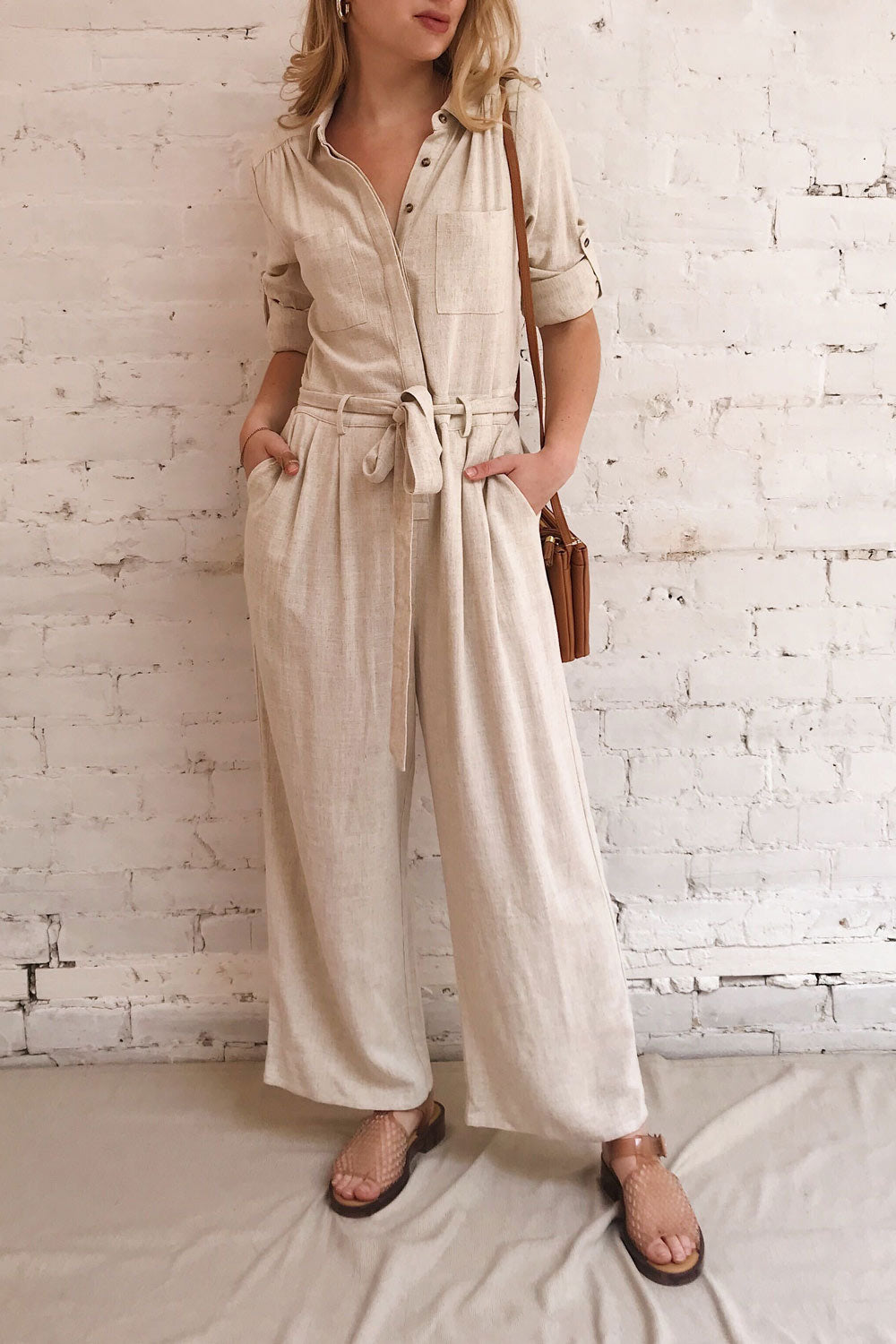 Tulcan Beige Linen Long Sleeve Jumpsuit | La petite garçonne model look