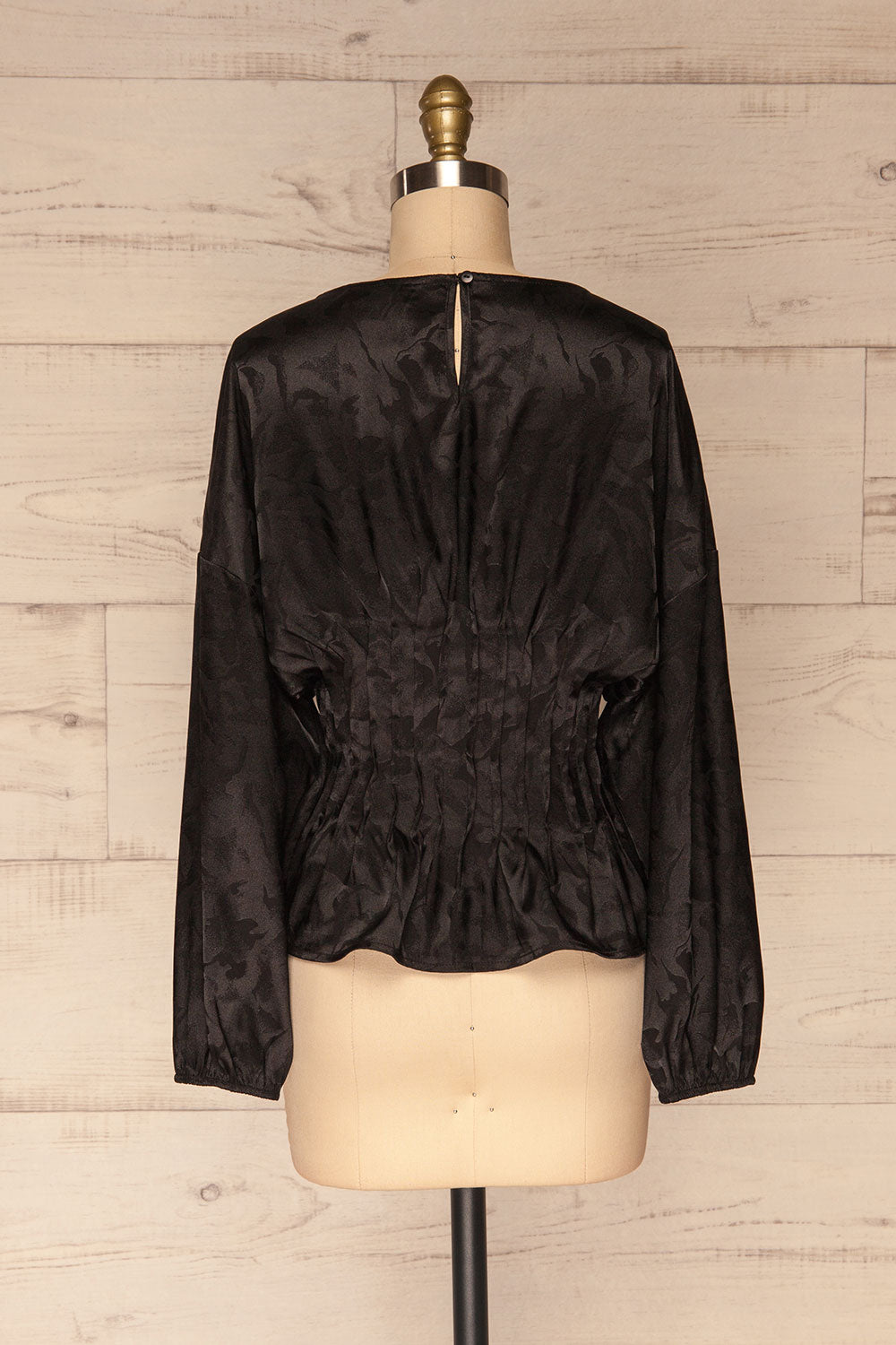 Ulm Black Pleated Puffy Sleeve Silky Top | La petite garçonne back view