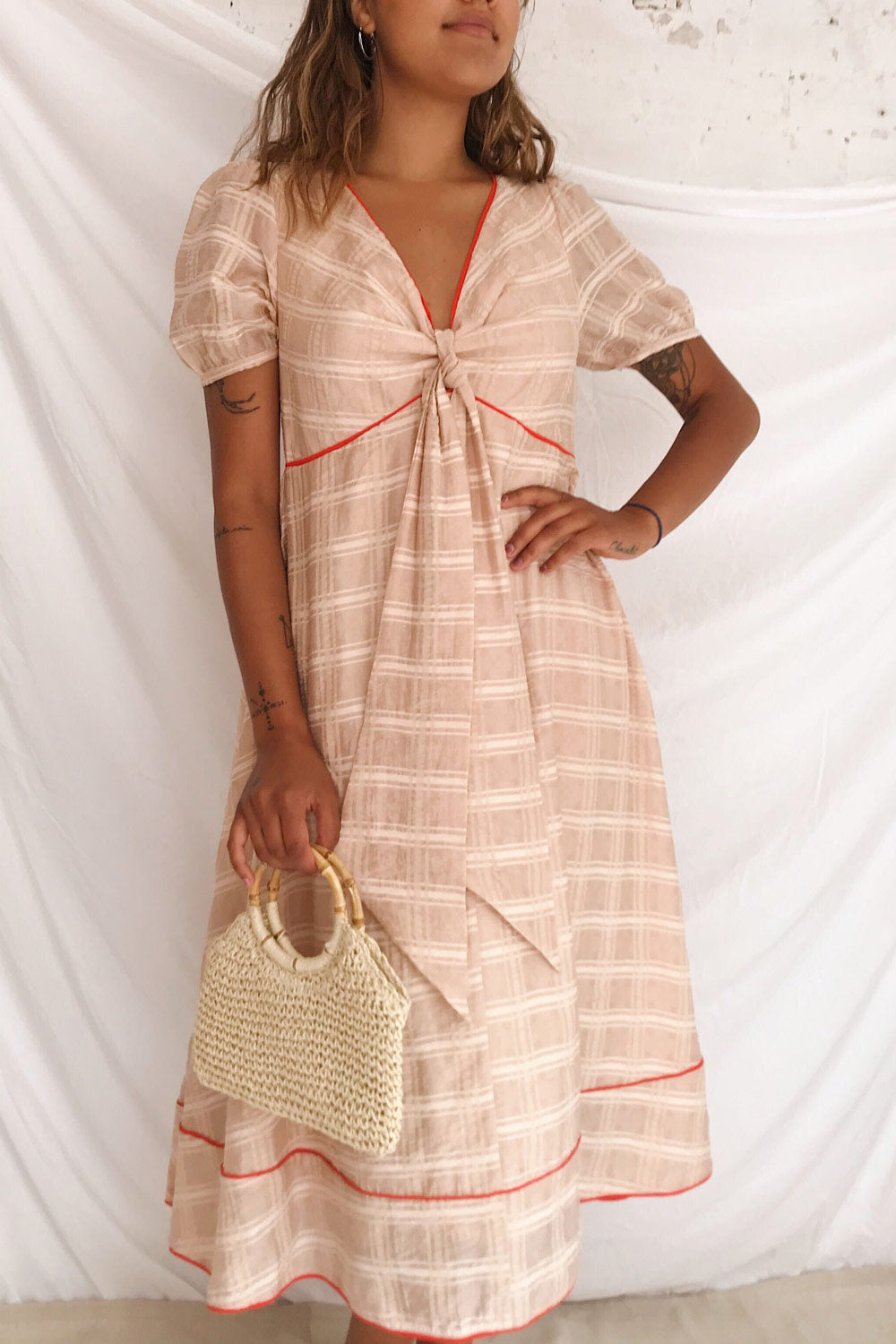 Umbragine Beige Short Sleeve Midi Dress | Boutique 1861 on model