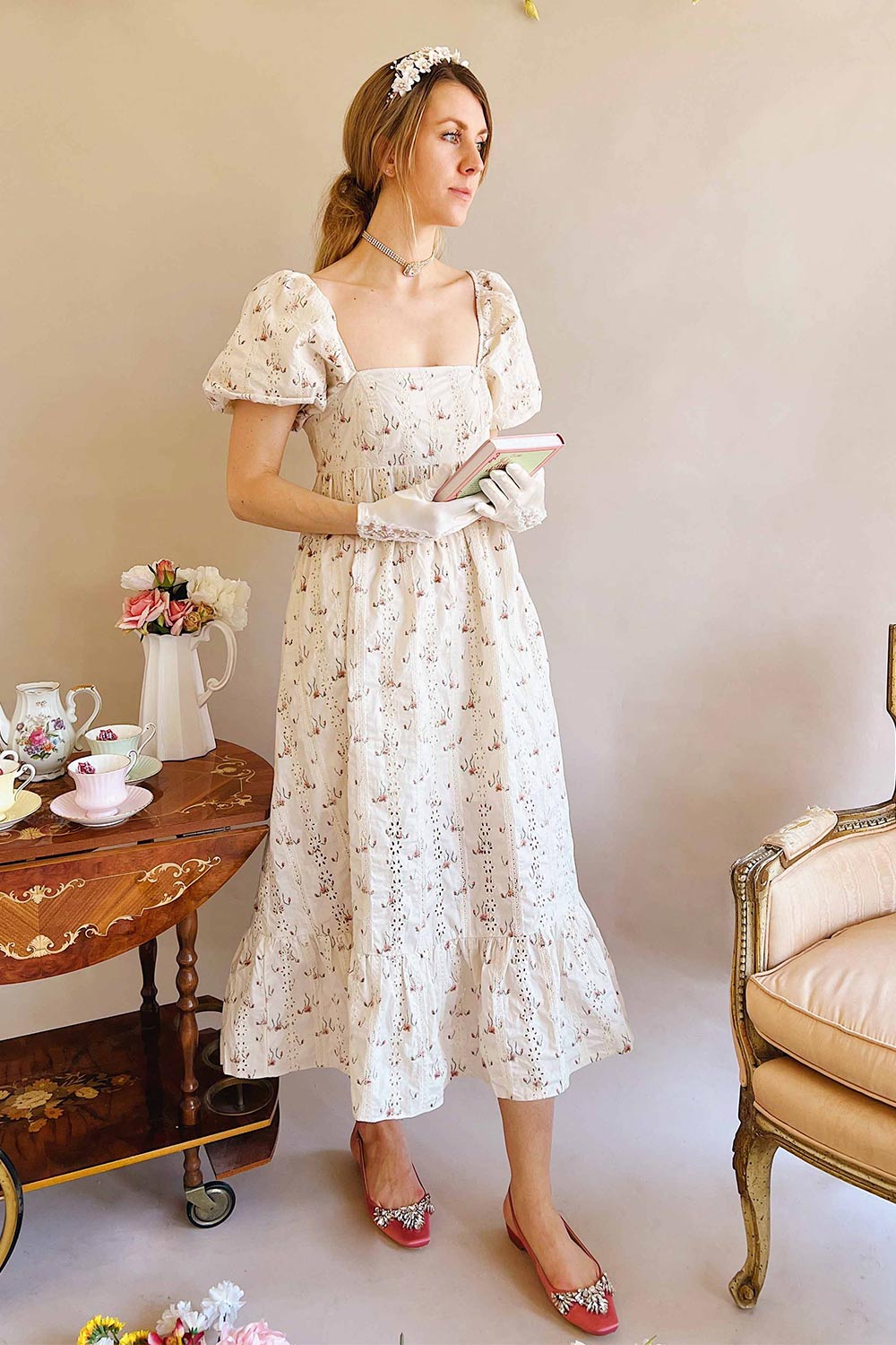 Urrika Floral Midi Dress w/ Openwork Detail | Boutique 1861 on model