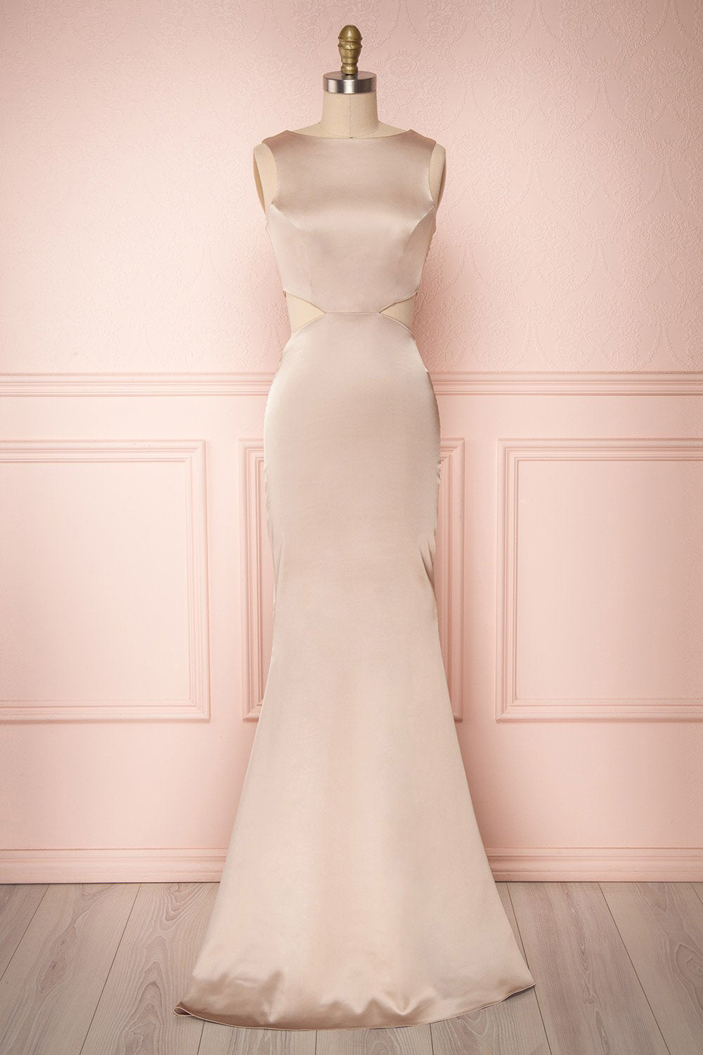 nude satin bridesmaid dresses Vallata Nude Satin Beige Cut-Outs Mermaid Gown