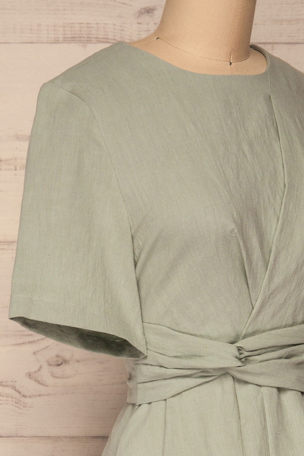 Valthi Blue Linen A-Line Midi Dress | La petite garçonne side close-up