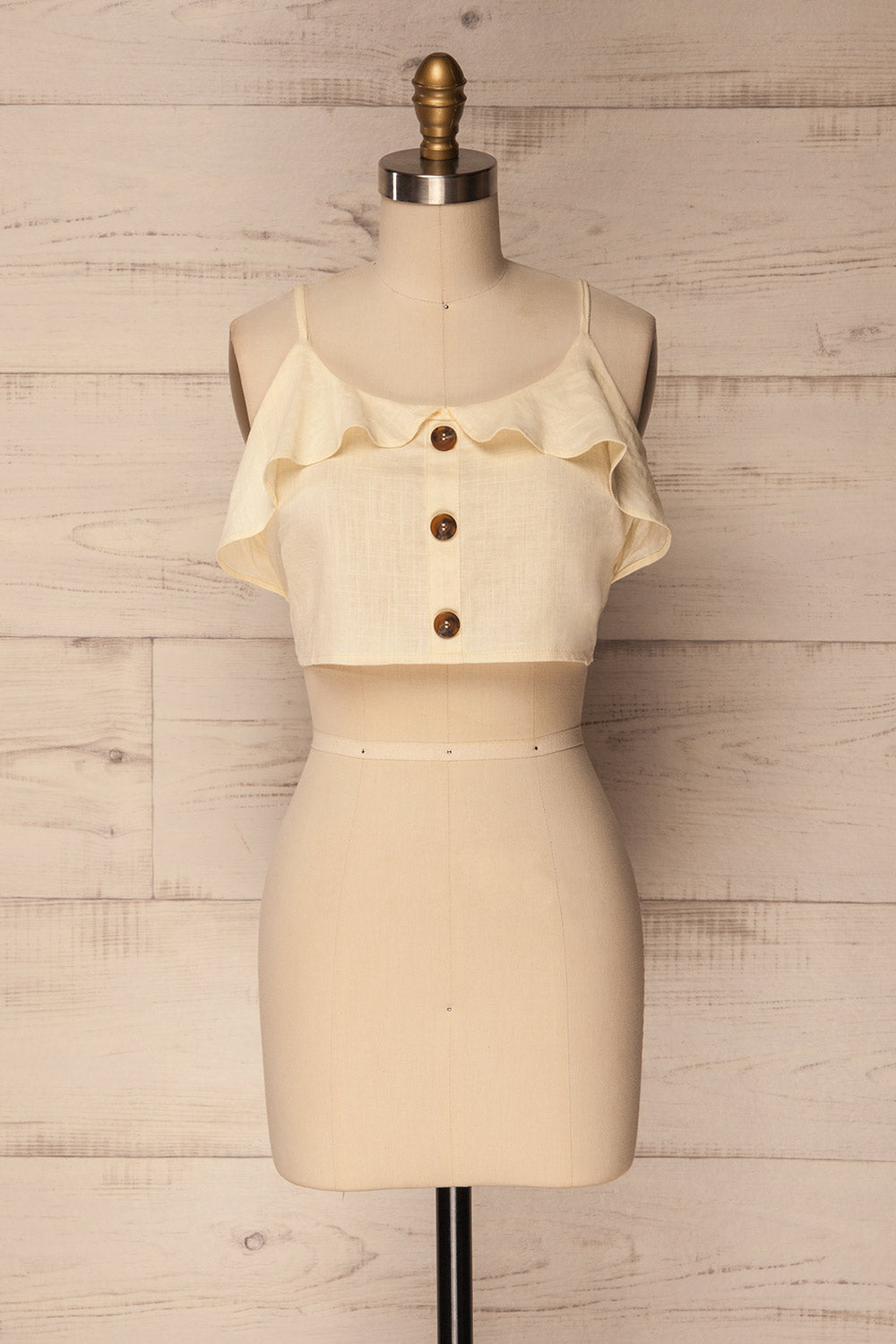Vasles Cream Button-Up Crop Tank Top with Ruffles | La Petite Garçonne