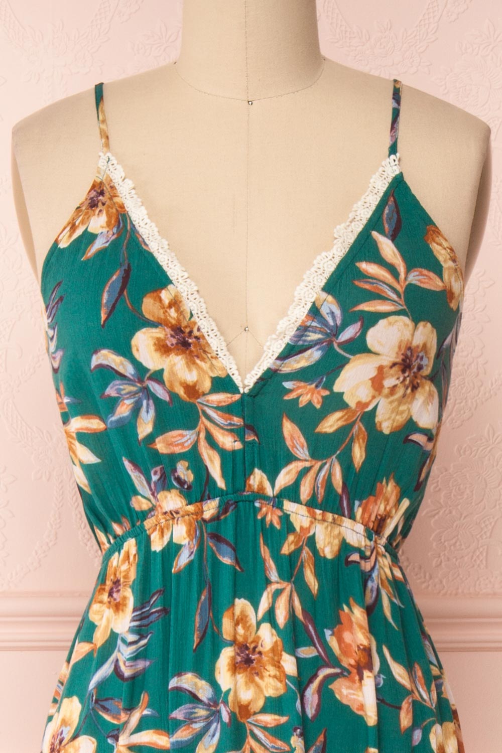 Verrina Green High-Low Floral Summer Dress | Boutique 1861 front close-up