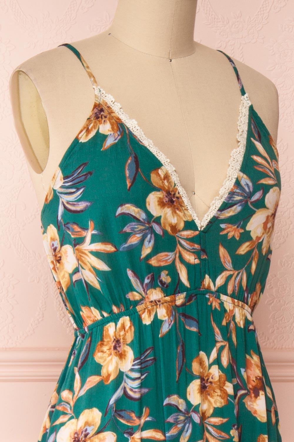 Verrina Green High-Low Floral Summer Dress | Boutique 1861 side close-up