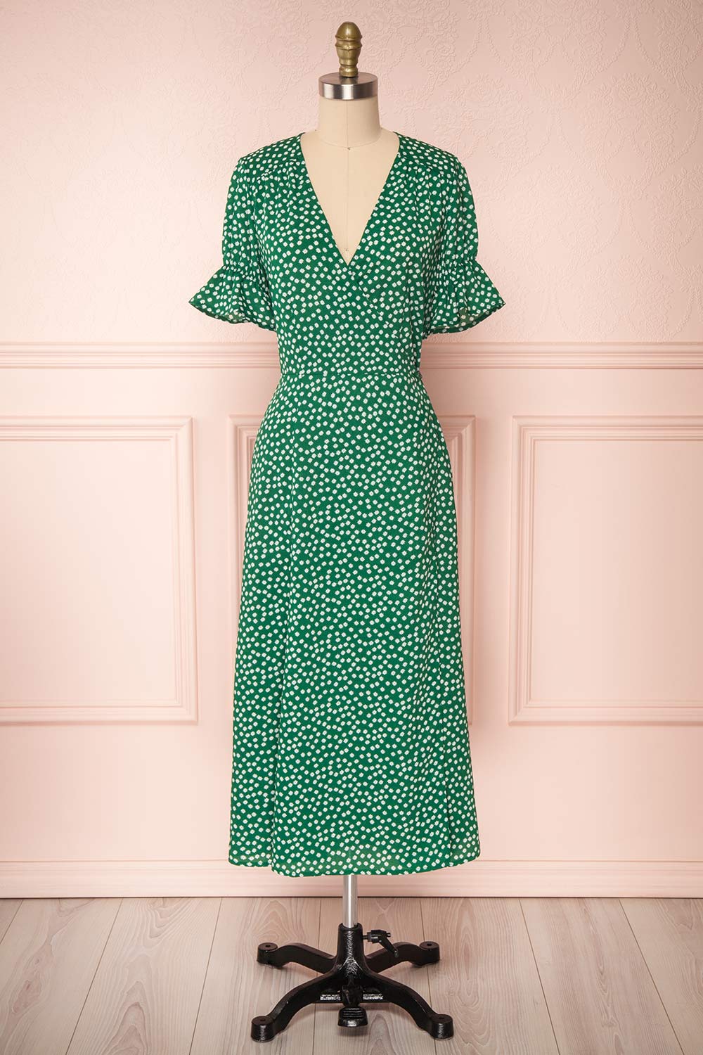 Wakkanai Green & White Floral Midi Wrap Dress | Boutique 1861 front view