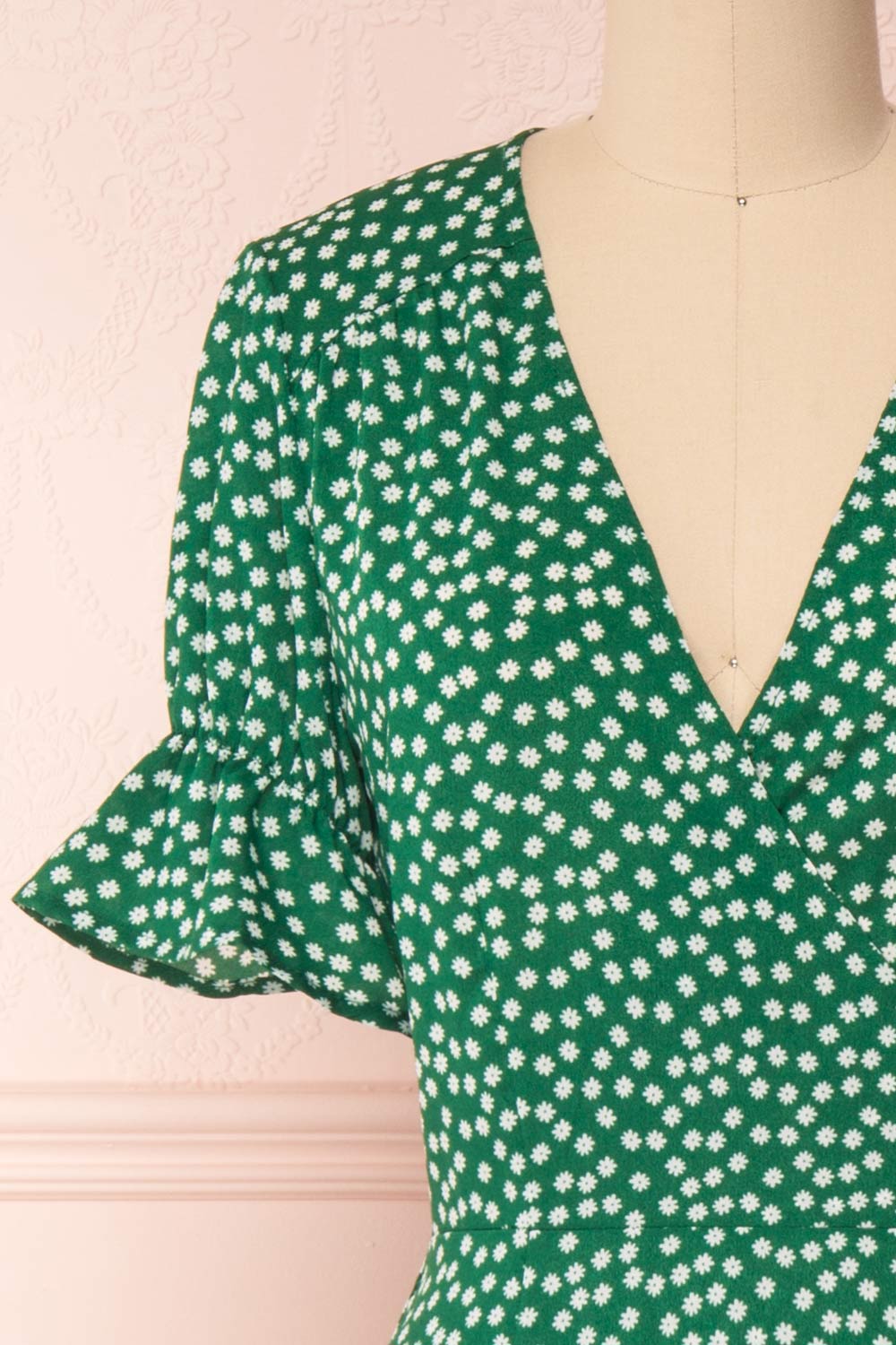 Wakkanai Green & White Floral Midi Wrap Dress | Boutique 1861 front close-up