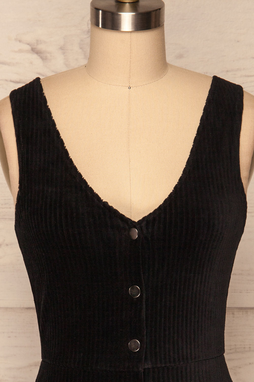 Watford Black Corduroy Button-Up Dress | FRONT CLOSE UP | La Petite Garçonne