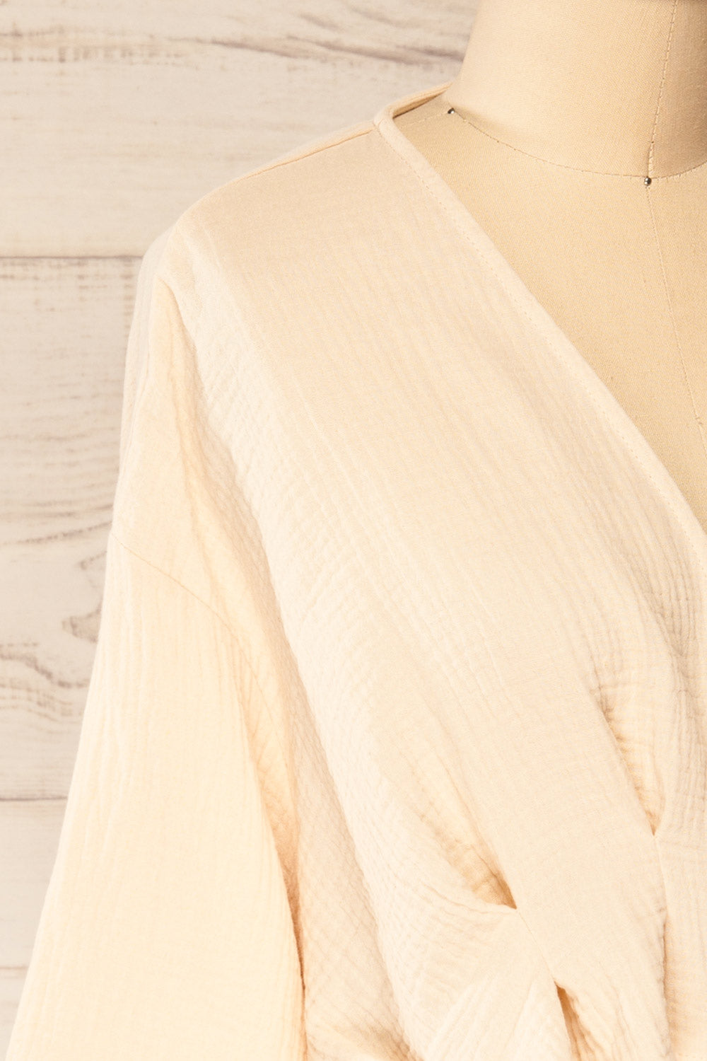 Westport Beige Cropped V-Neck Top | La petite garçonne side close-up