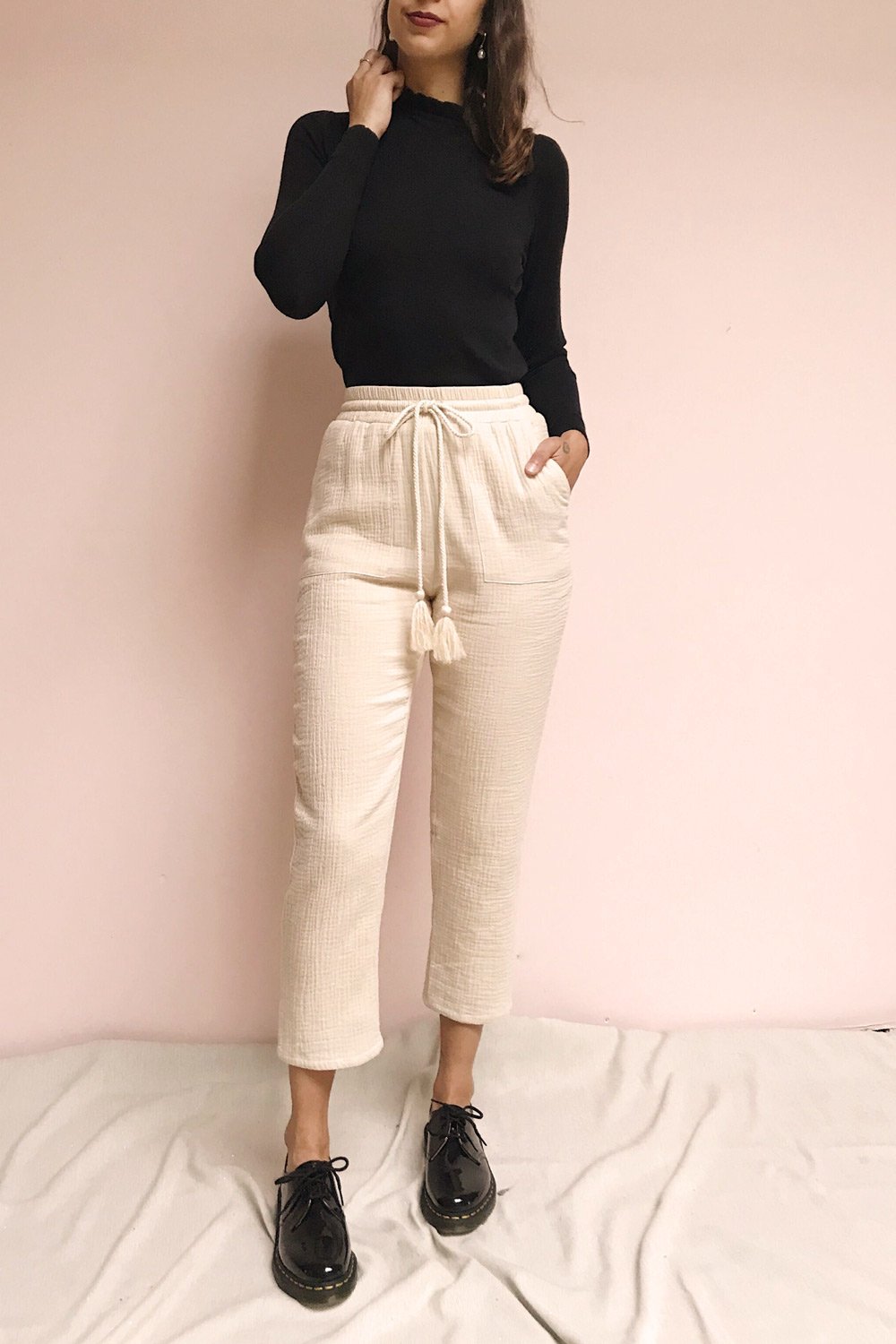 Malomice Beige Linen Effect Pants | La Petite Garçonne on model