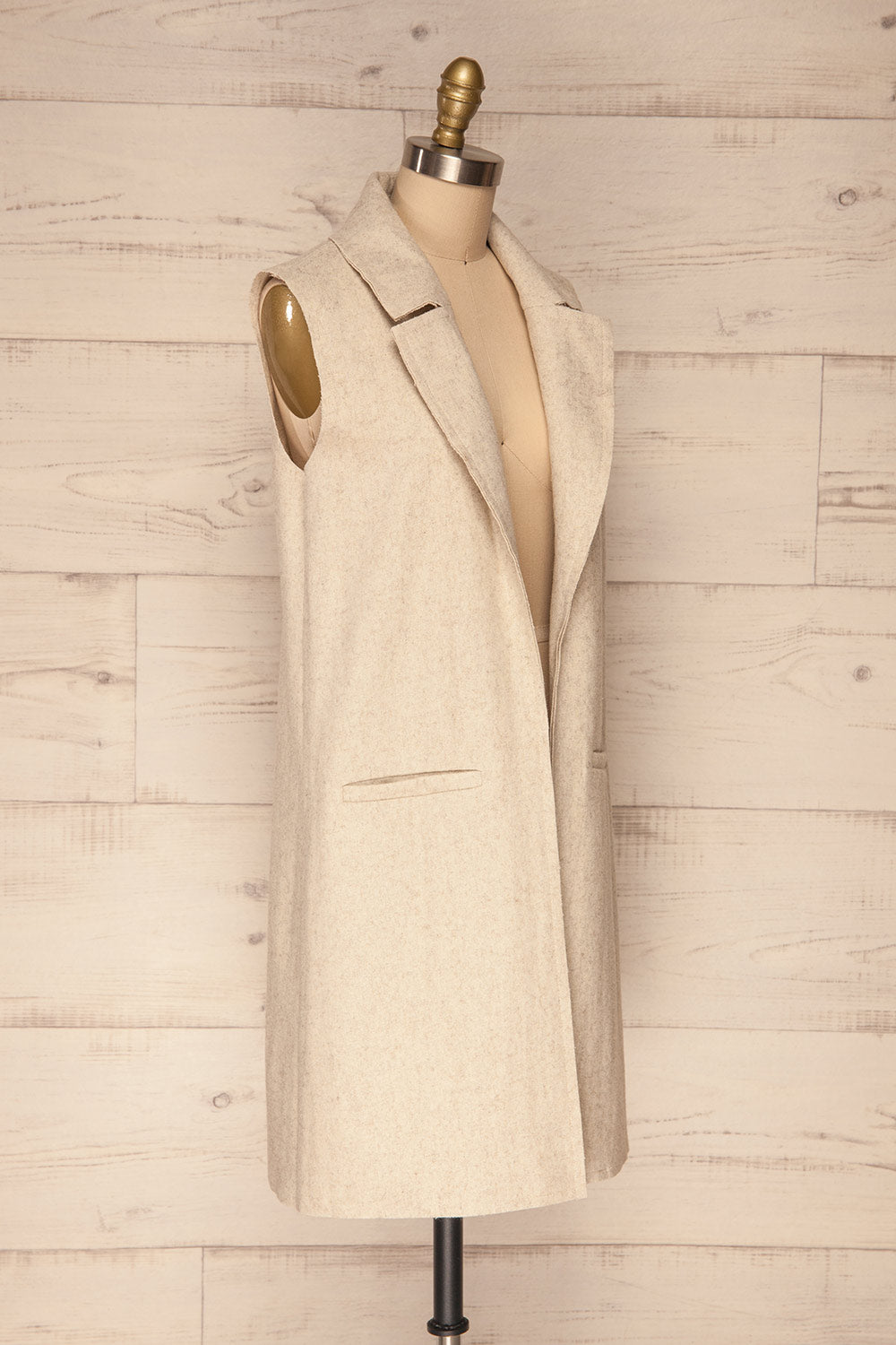 Worthing Beige Sleeveless Long Cardigan | La Petite Garçonne side view