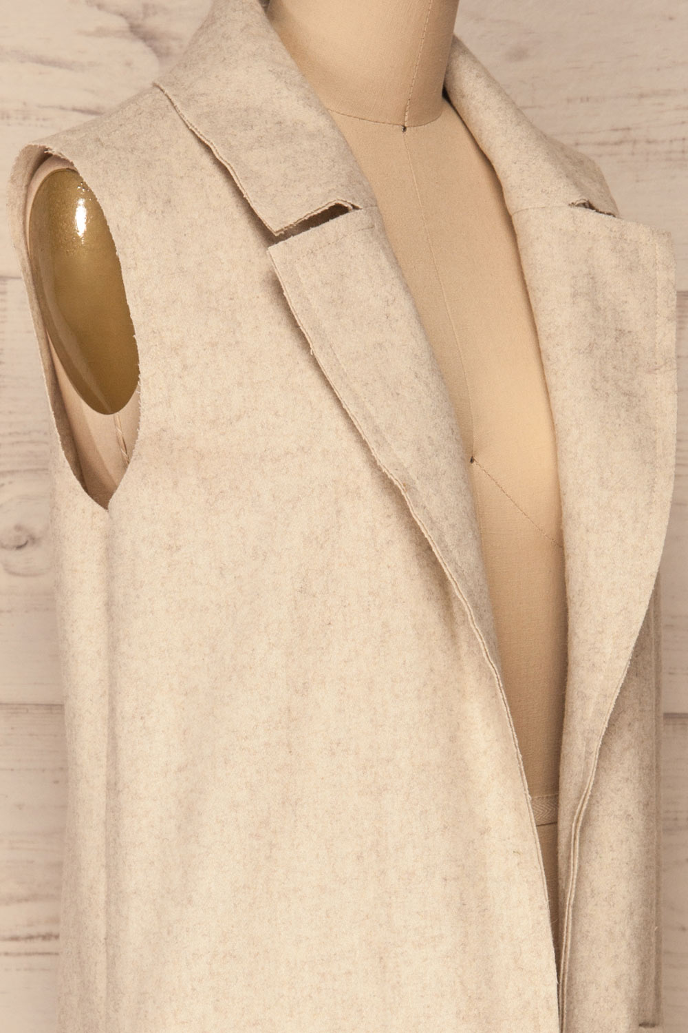 Worthing Beige Sleeveless Long Cardigan | La Petite Garçonne side close up