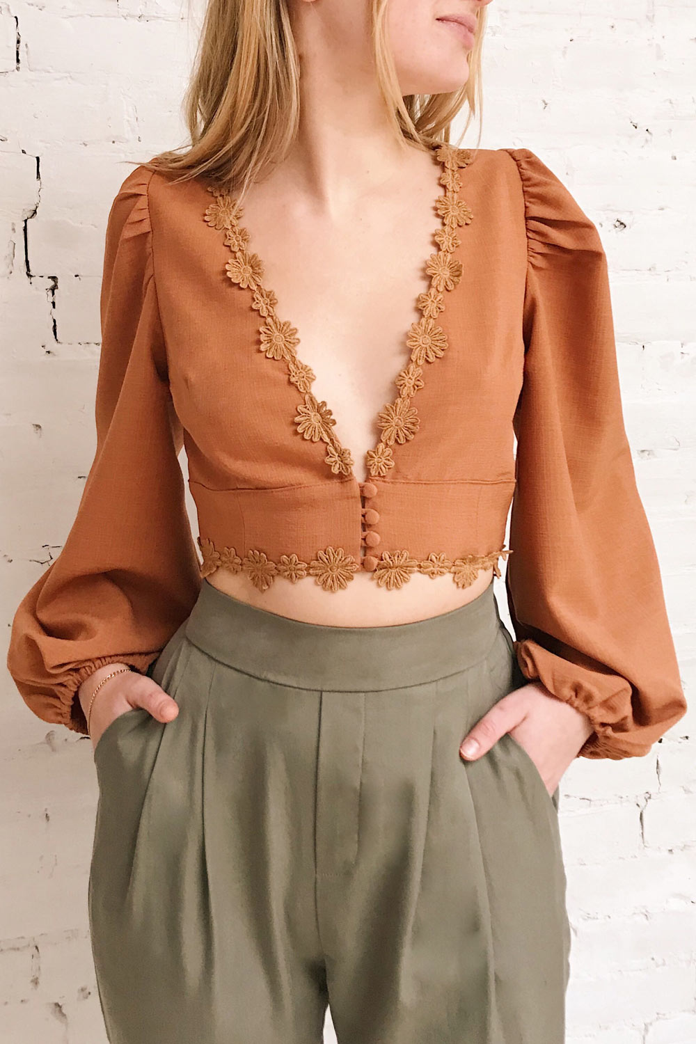 Wynda Light Brown Long Sleeved Crop Top | Boutique 1861 on model