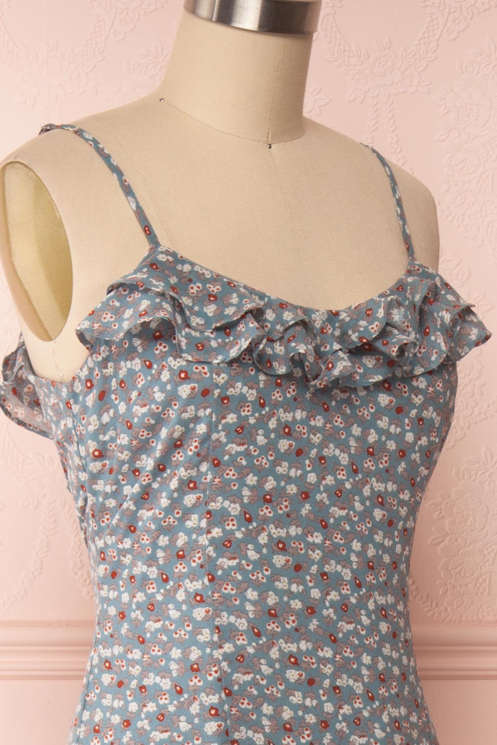 Xenia Blue Floral Maxi Dress w/ Ruffles side close up | Boutique 1861