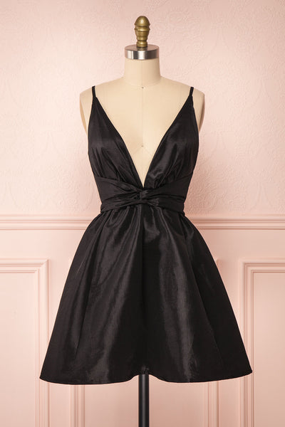 Yelena Black Plunging Neckline Short Dress | Boutique 1861 front view