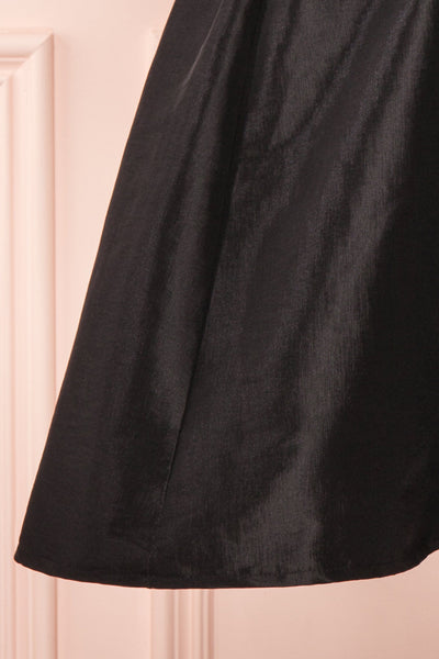Yelena Black Plunging Neckline Short Dress | Boutique 1861 bottom close-up