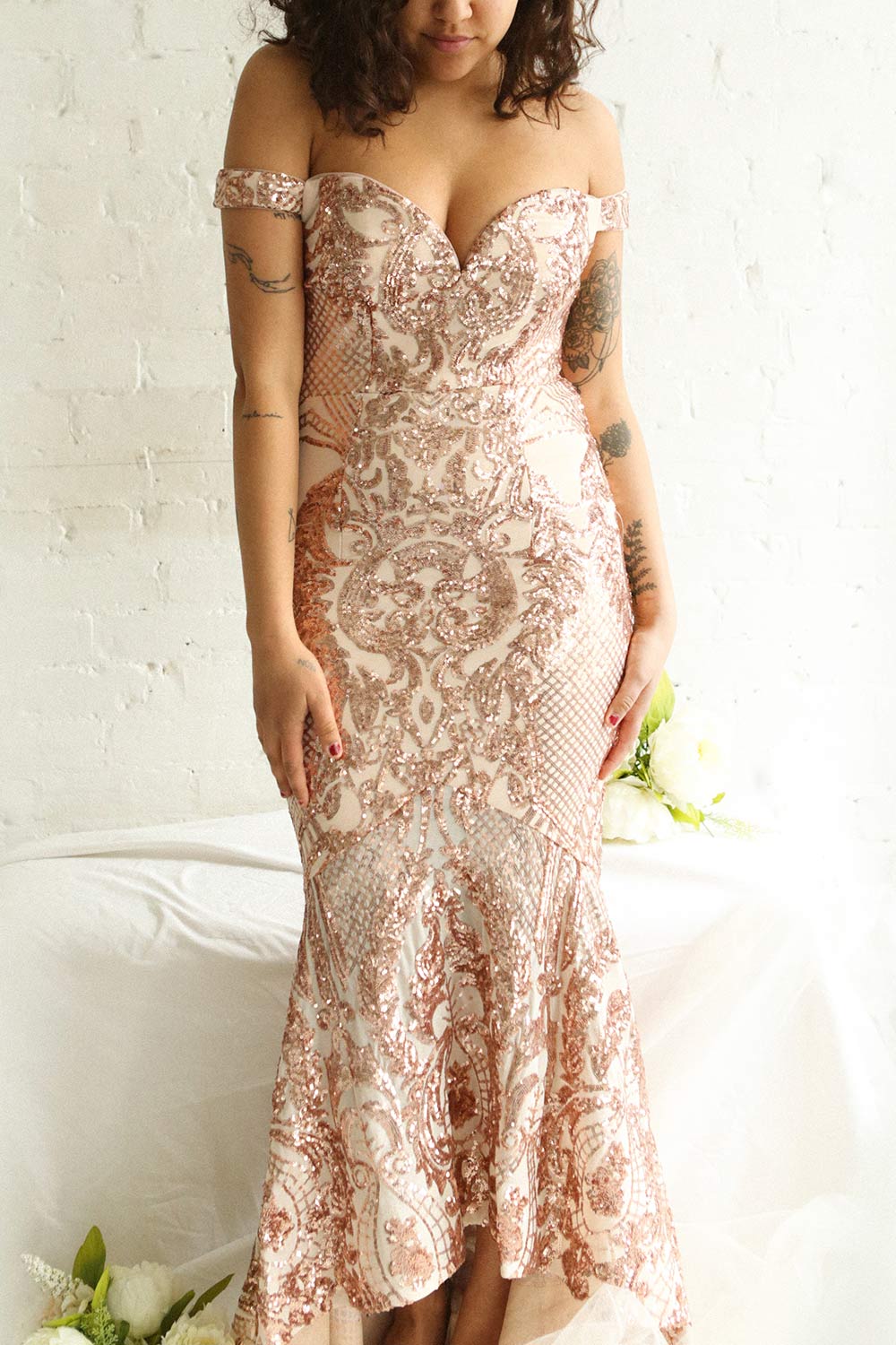 Yellena Rose Gold Off Shoulder Gown with Sequins | Boutique 1861