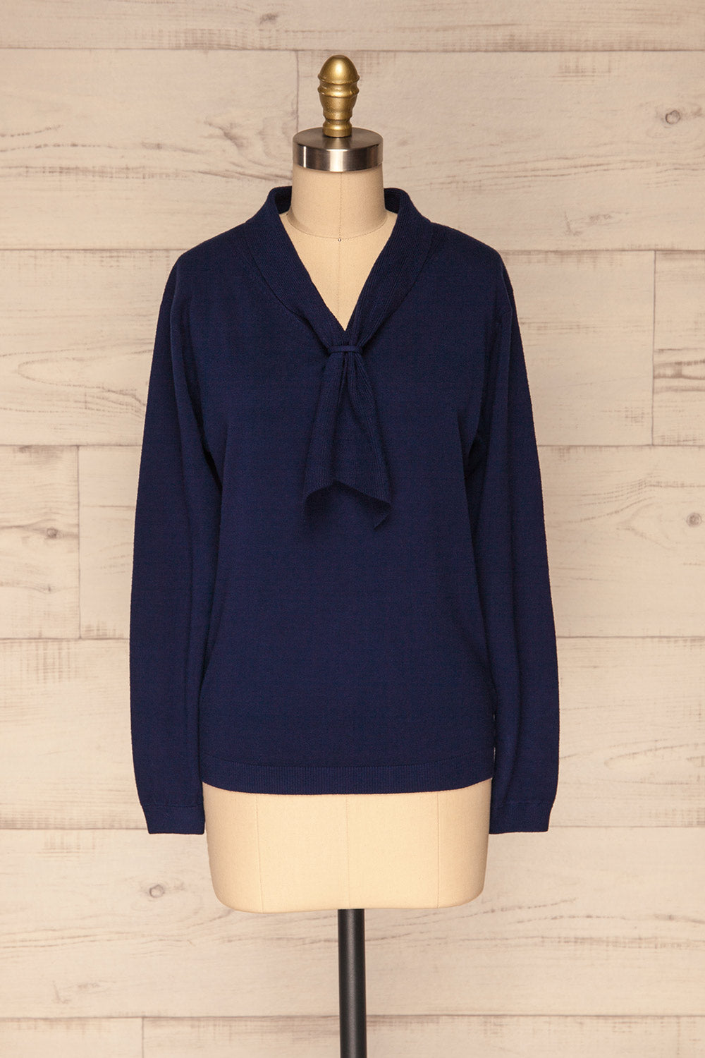 Yelysaveta Navy Blue Tied Neckline Knit Top | La Petite Garçonne front view
