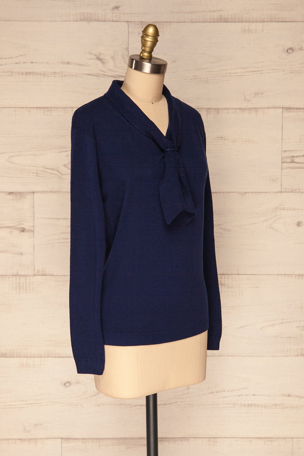 Yelysaveta Navy Blue Tied Neckline Knit Top | La Petite Garçonne side view
