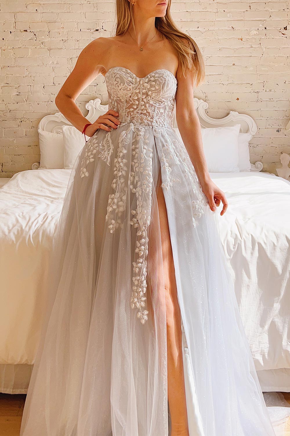 Ylouis Blue Embroidered Bustier Maxi Dress | Boudoir 1861 on model