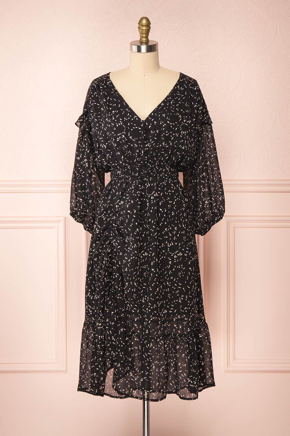 Yneth Black Patterned Midi Dress | Boutique 1861 front view