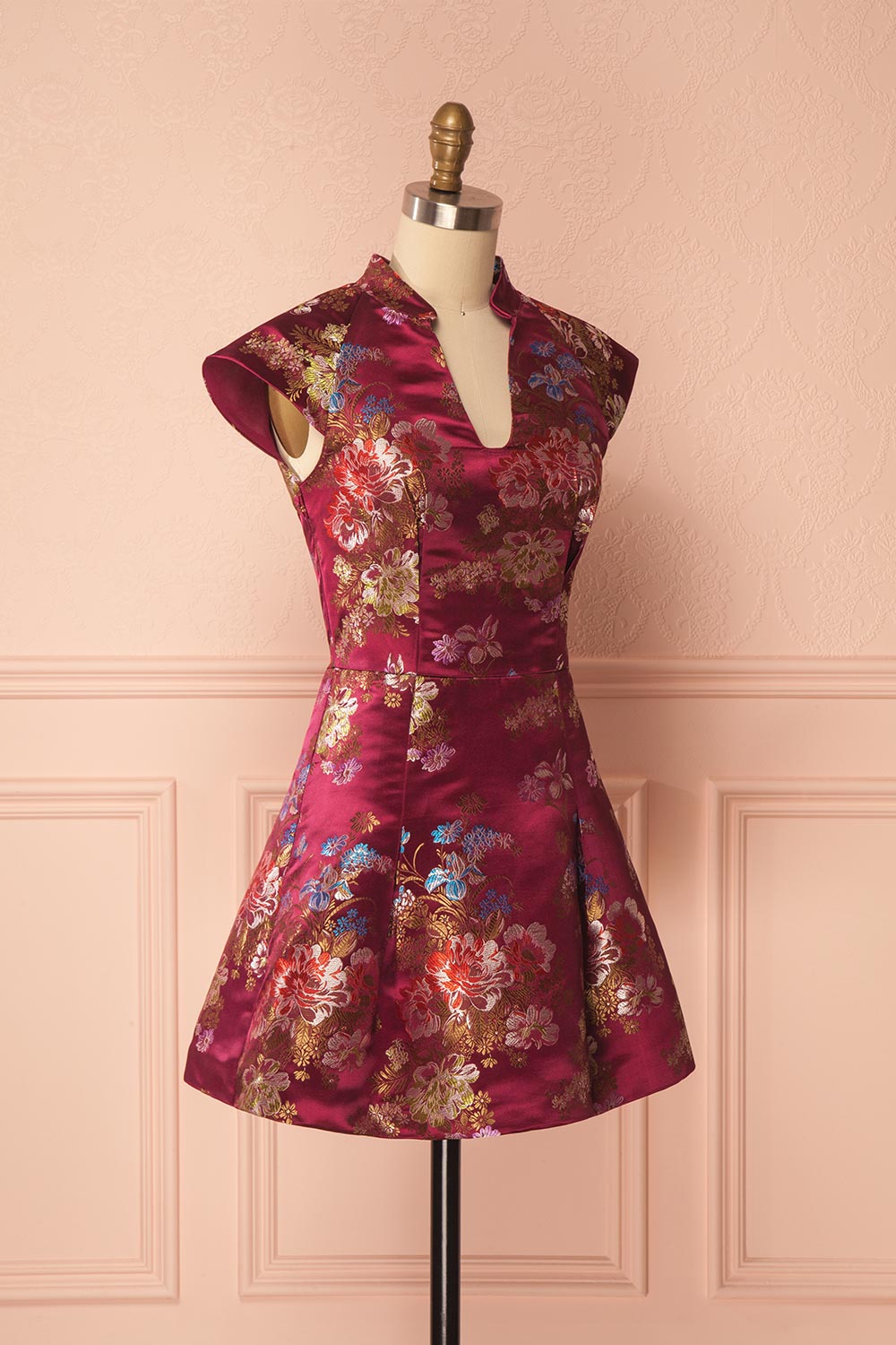 Yuriko Burgundy Floral Brocade A-Line Dress | Boutique 1861
