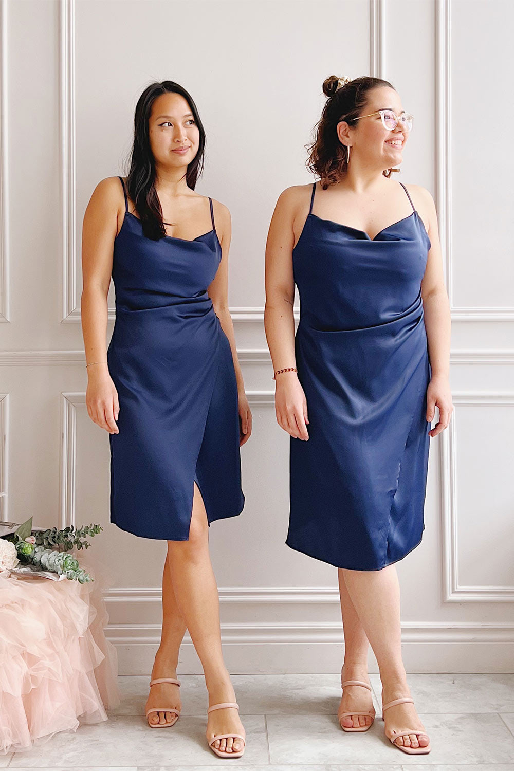 Zaina Navy Cowl Neck Satin Slip Dress | Boutique 1861 model