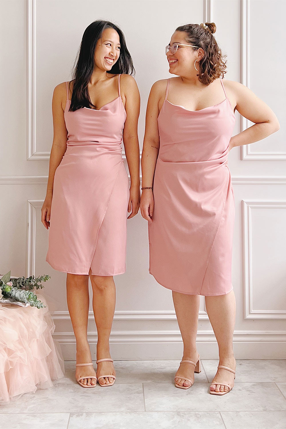 Zaina Pink Cowl Neck Satin Slip Dress | Boutique 1861 model