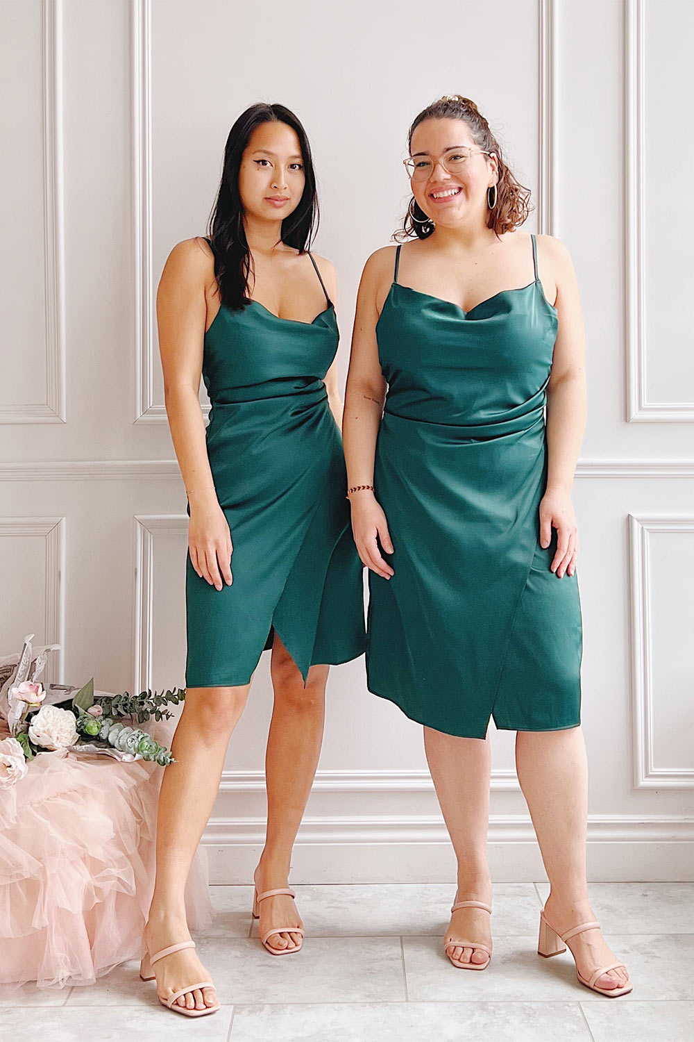 Zaina Green Cowl Neck Satin Slip Dress | Boutique 1861 model
