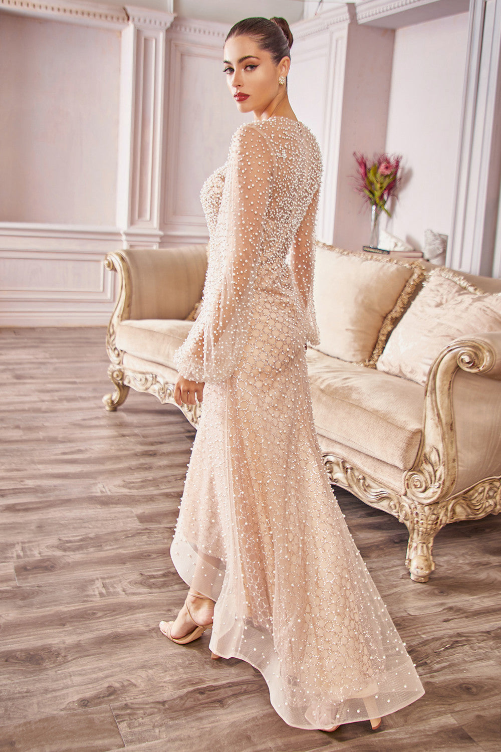 Laelia Long Sleeve Beaded High-Low Midi Dress | Boudoir 1861 back on model