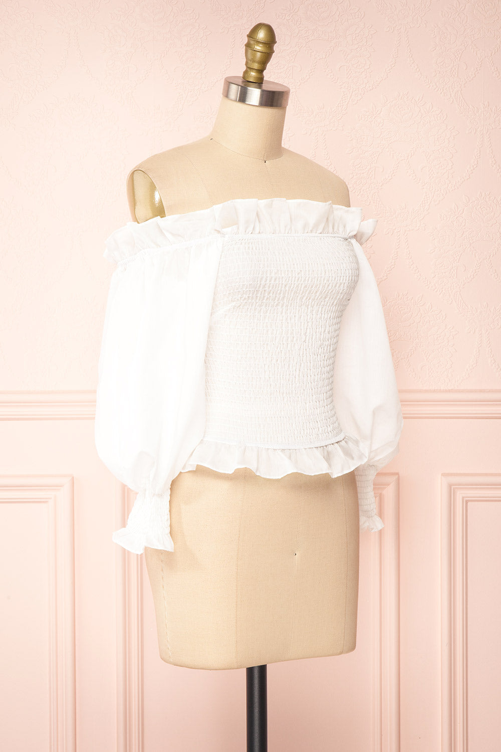 Aaroma White Puffy Sleeve Ruched Top | Boutique 1861 side view 