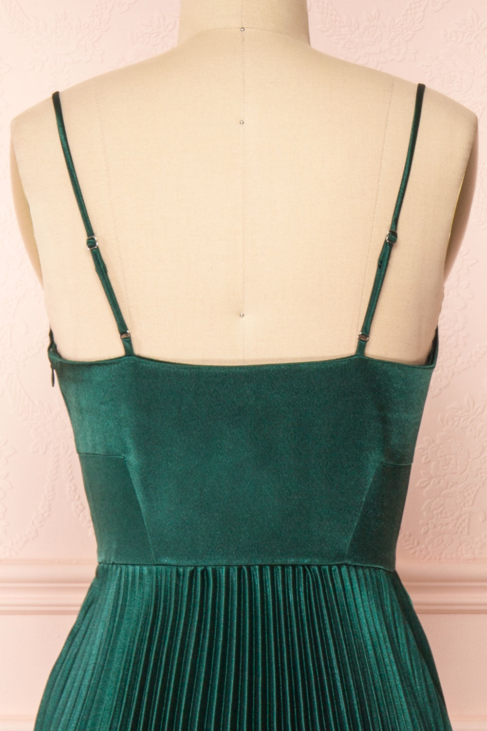 Abetyn Emerald Silky Pleated Midi Dress | Boutique 1861 back close-up