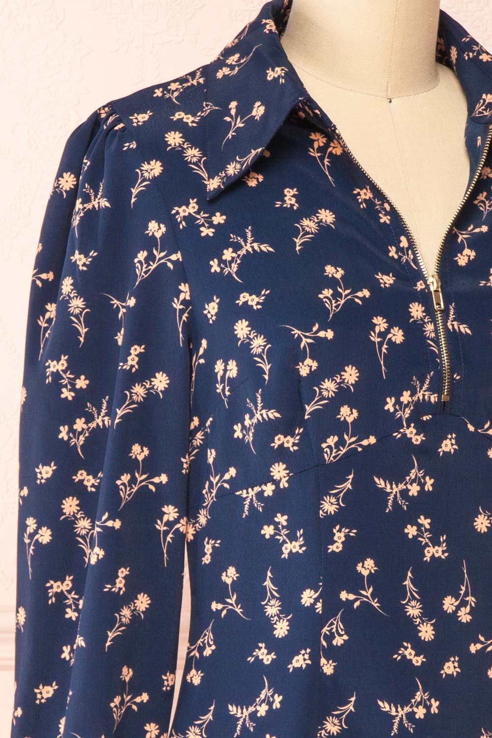 Abey Short Floral Dress w/ Long Sleeves & Shirt Collar | Boutique 1861 side close-up