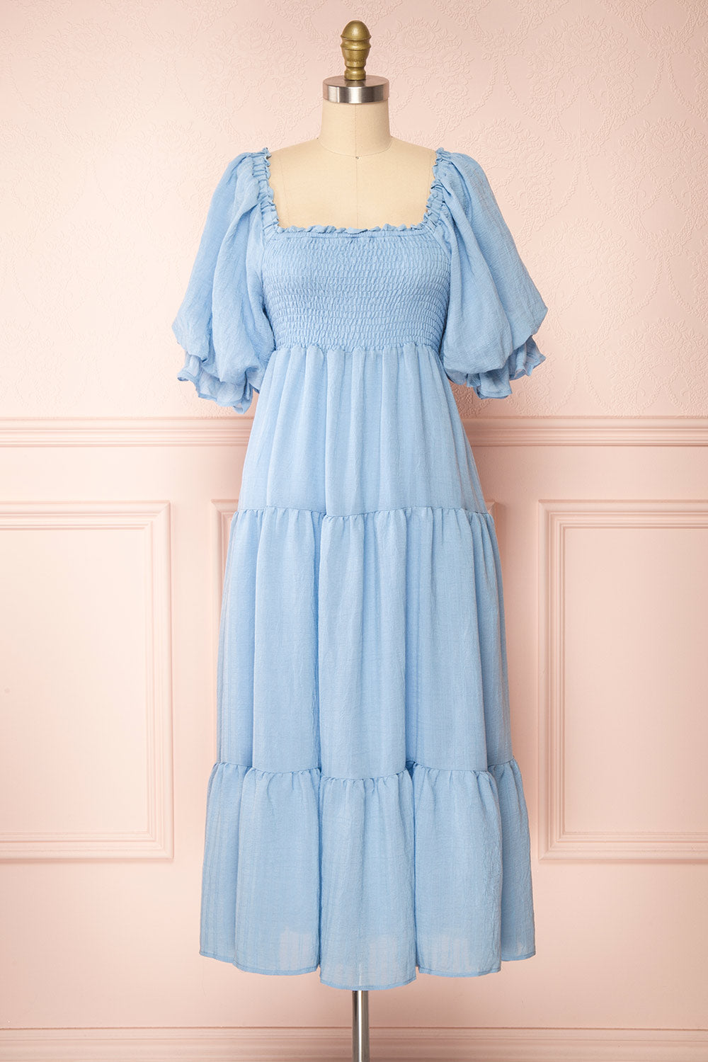 Abra Blue Tiered Midi Dress w/ Puffy Sleeves | Boutique 1861 Abra Blue Tiered Midi Dress w/ Puffy Sleeves | Boutique 1861