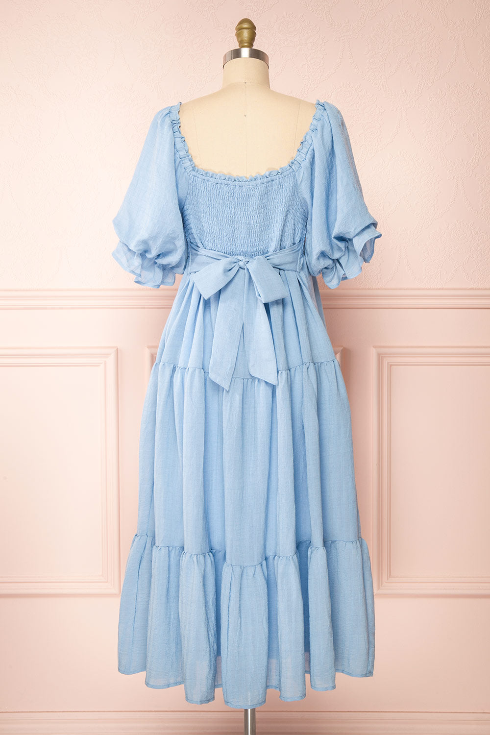 Abra Blue Tiered Midi Dress w/ Puffy Sleeves | Boutique 1861 back view