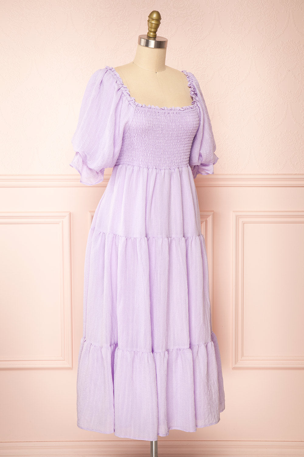 Abra Lavender Tiered Midi Dress With Puff Sleeves | Boutique 1861 side view