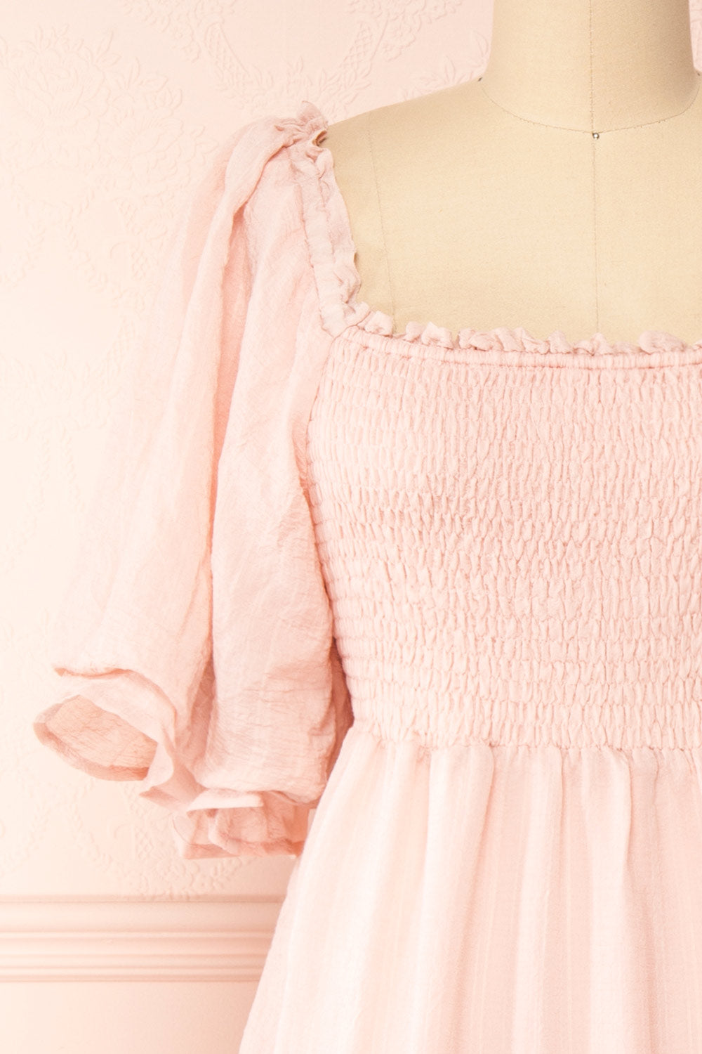 Abra PInk Tiered Midi Dress w/ Puffy Sleeves | Boutique 1861 front close-up