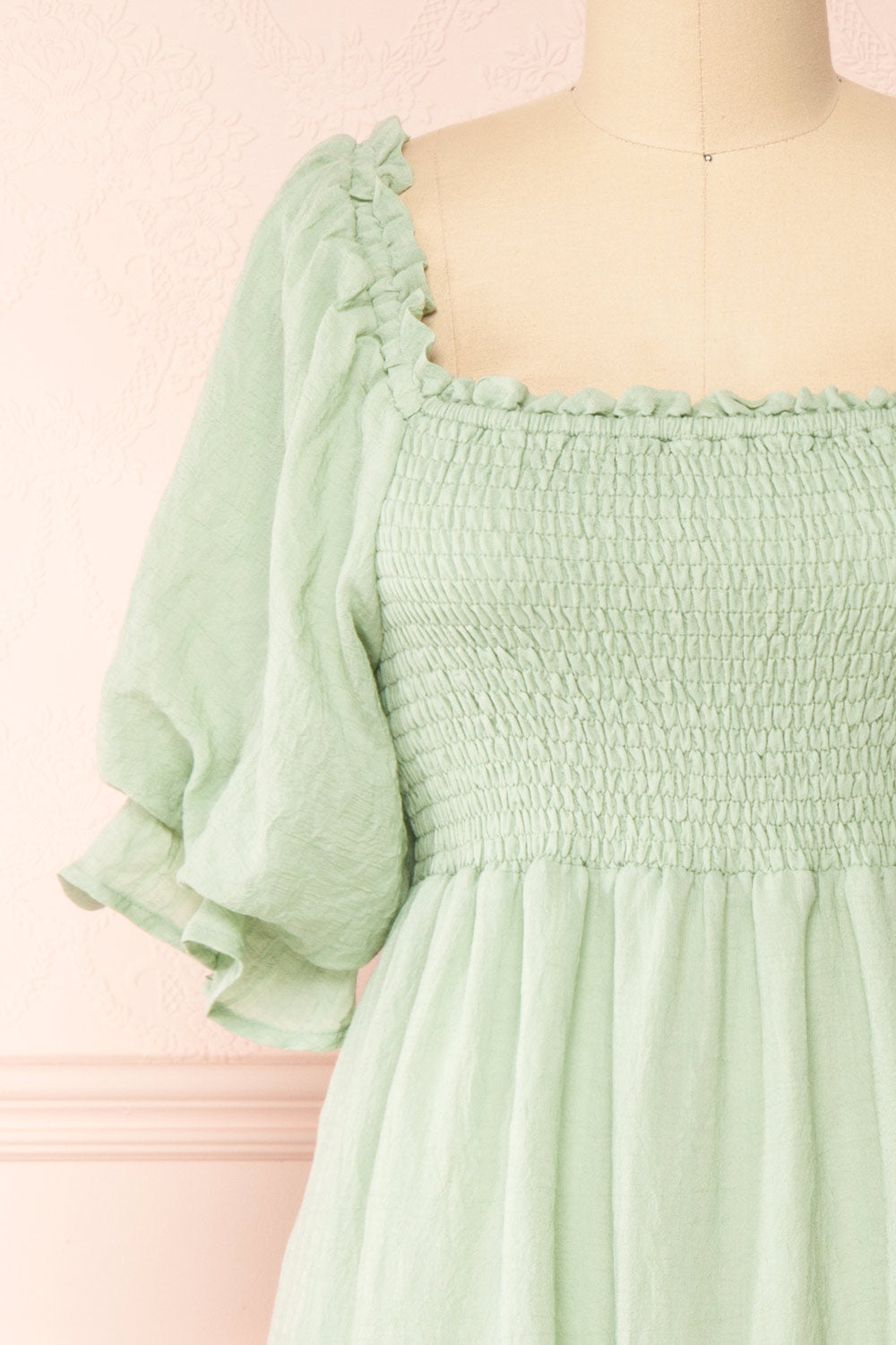 Abra Sage | Tiered Midi Dress w/ Puffy Sleeves front close-up
