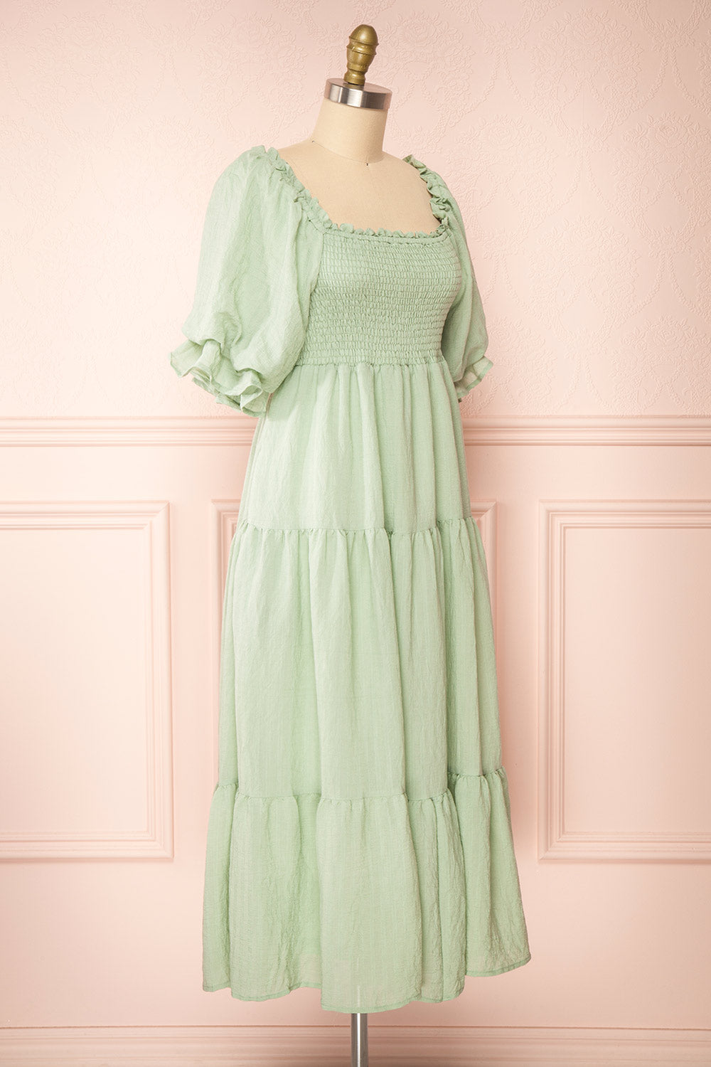 Abra Sage | Tiered Midi Dress w/ Puffy Sleeves side view