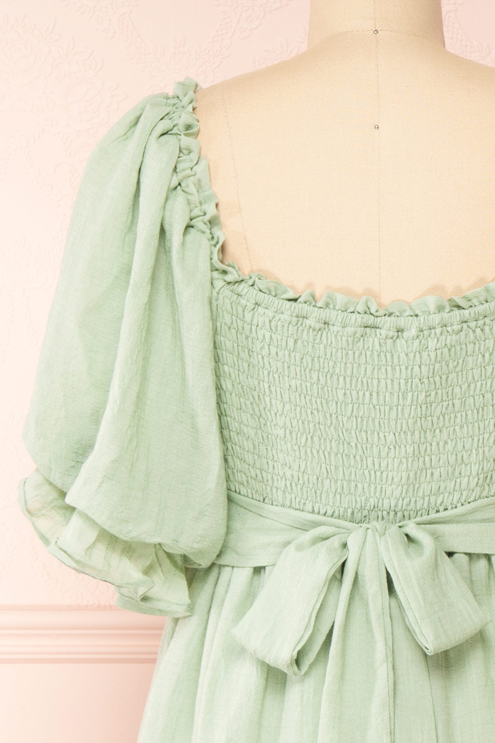 Abra Sage | Tiered Midi Dress w/ Puffy Sleeves back close-up