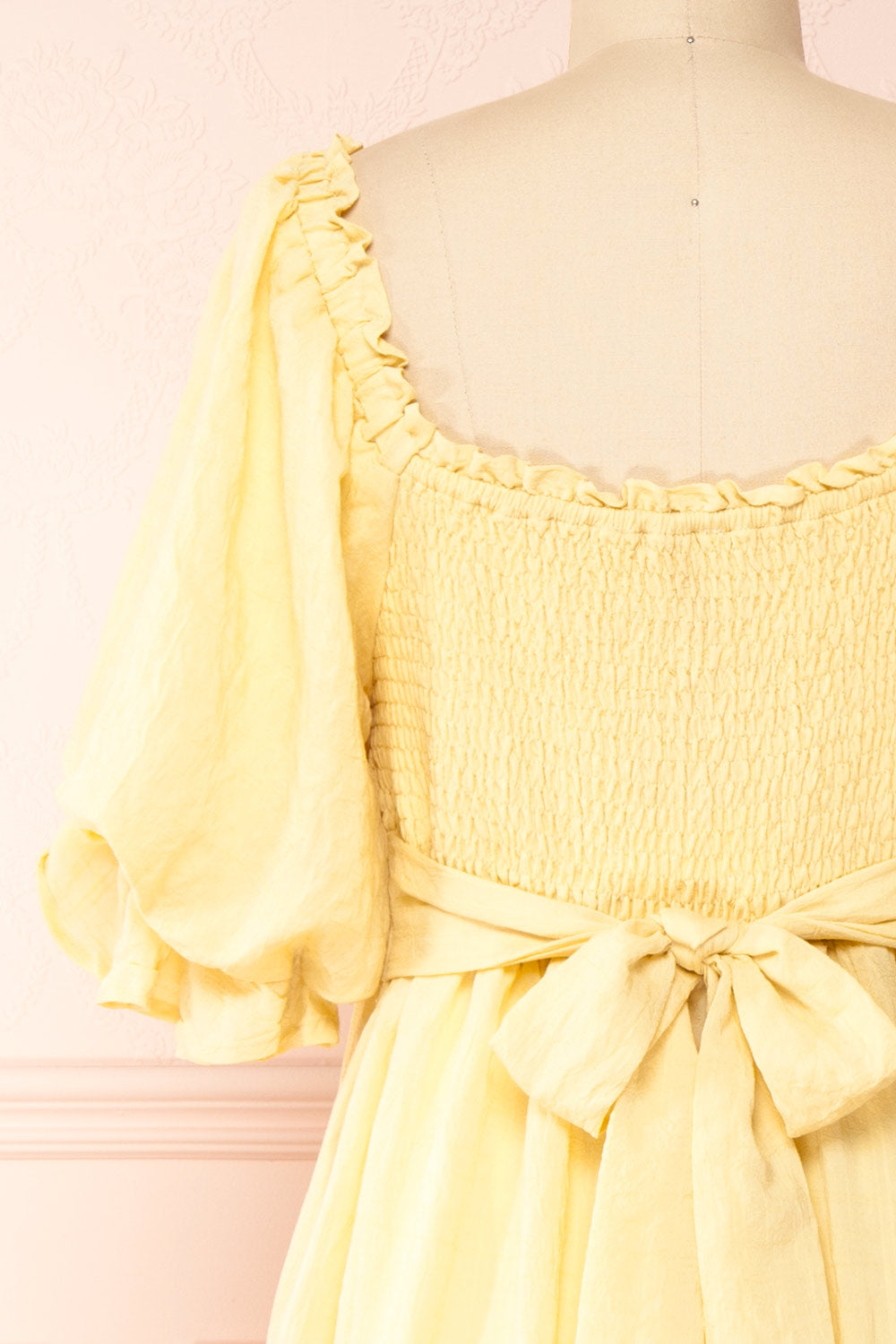 Abra Yellow Tiered Midi Dress w/ Puffy Sleeves | Boutique 1861 back close-up