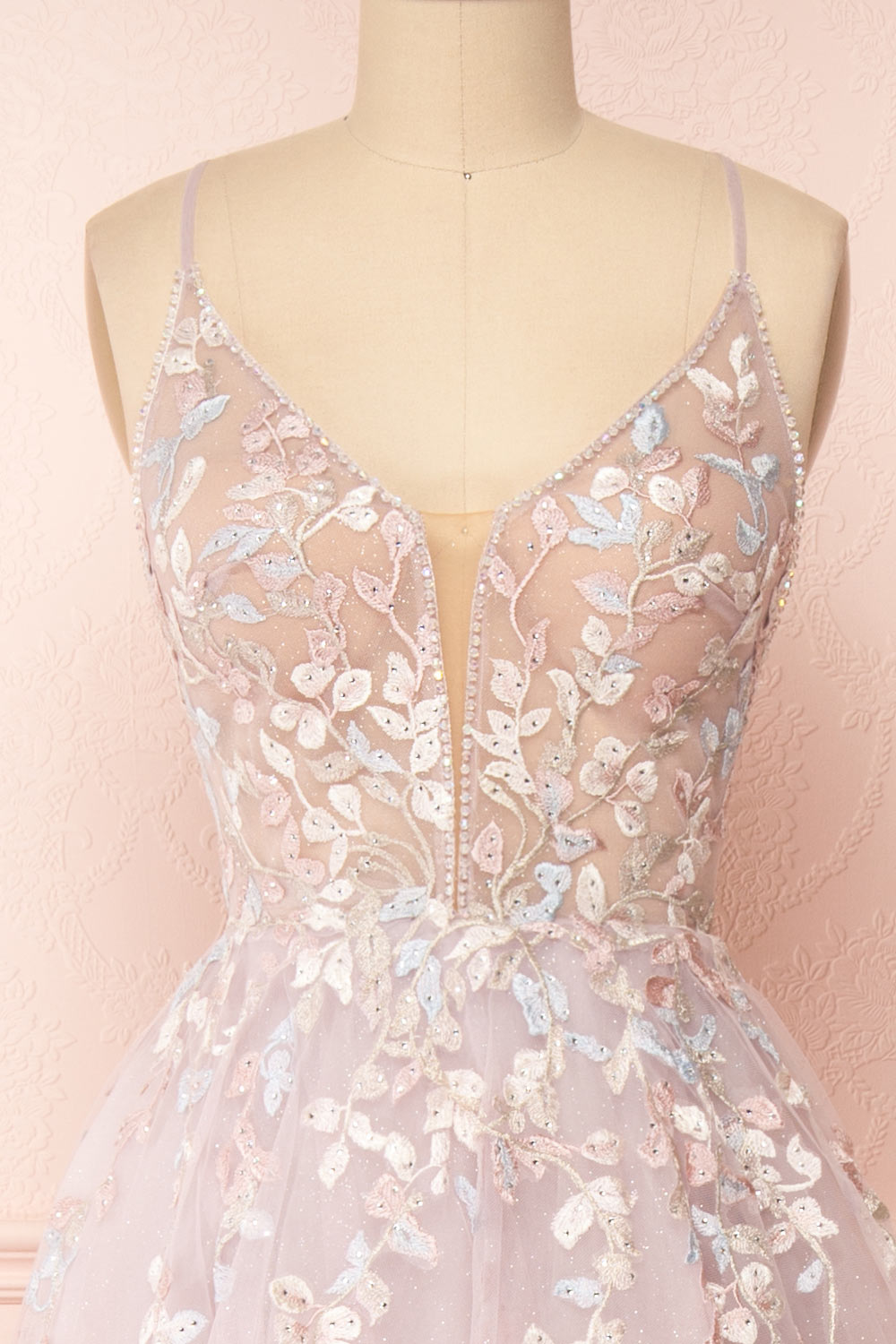 Acacia Lilac Floral Embroidered Tulle Maxi Dress | Boudoir 1861 front close-up