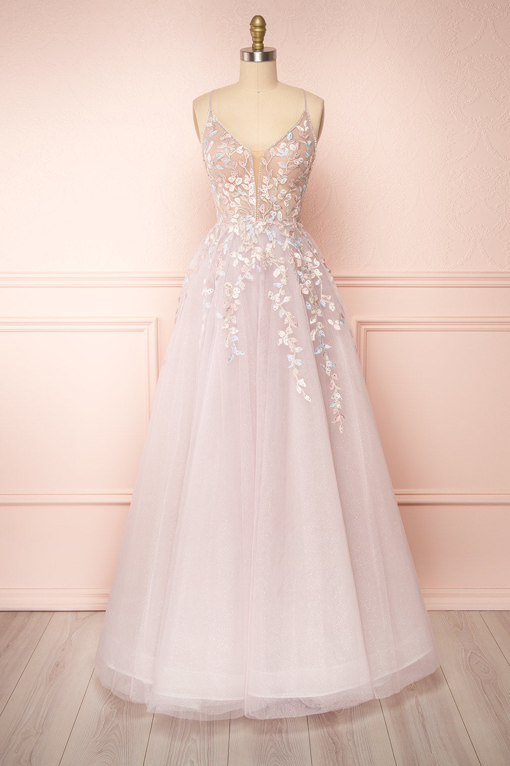 Acacia Lilac Floral Embroidered Tulle Maxi Dress | Boudoir 1861 front view