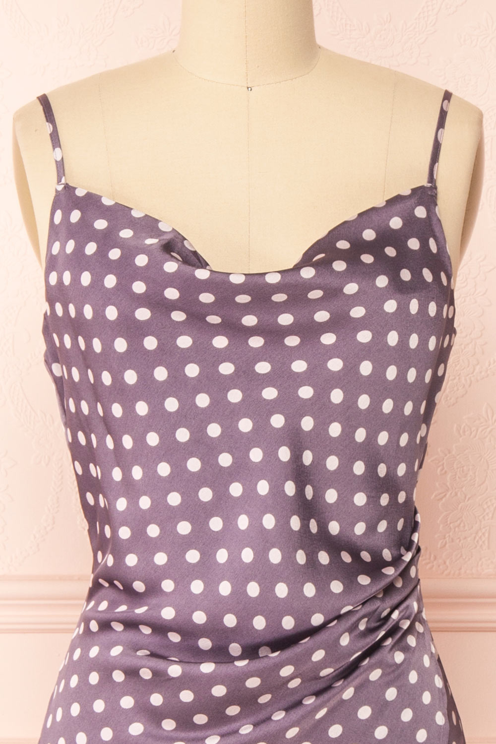 Acanta Cowl Neck Polka Dot Midi Slip Dress | Boutique 1861 front close-up