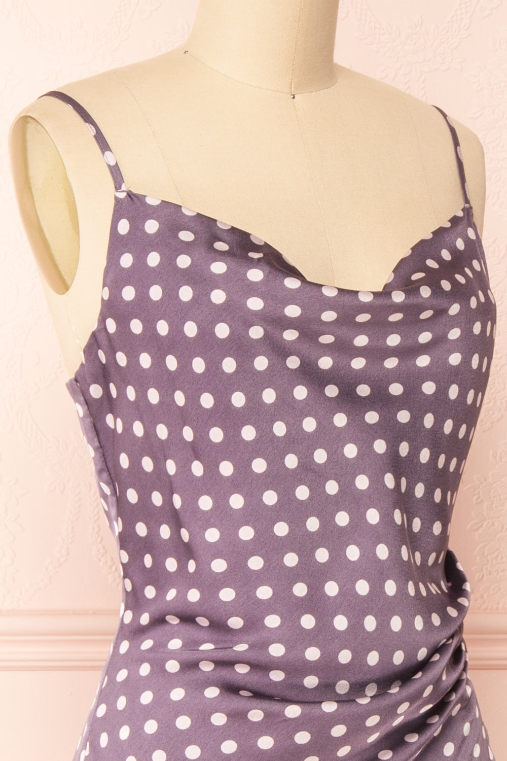 Acanta Cowl Neck Polka Dot Midi Slip Dress | Boutique 1861 side close-up
