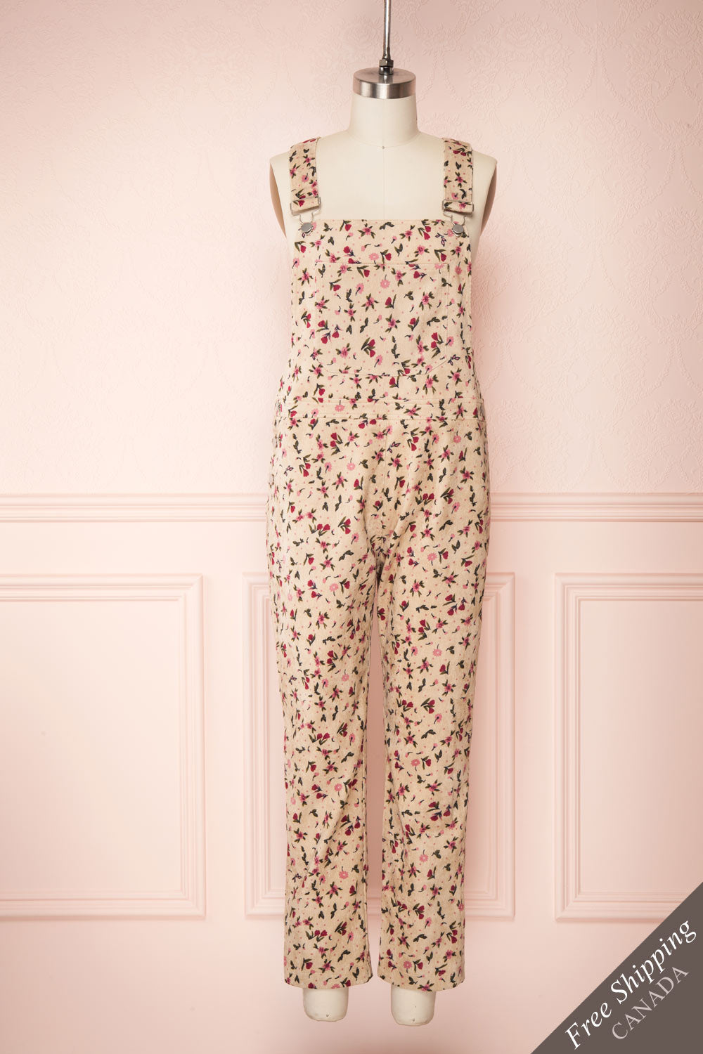 Acaste Beige Floral Denim Overalls | La petite garçonne front view